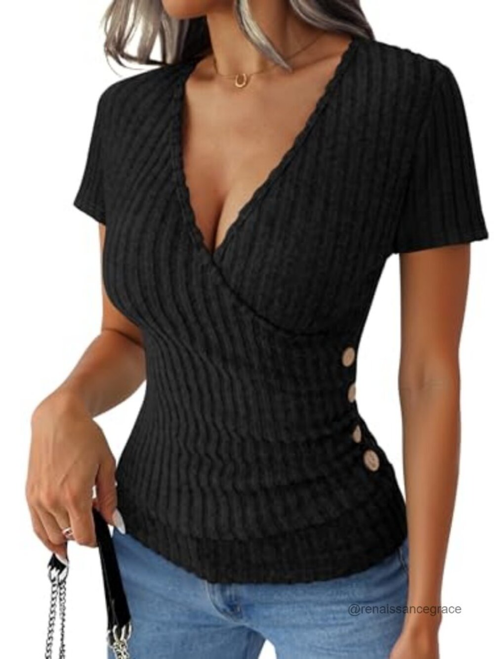 Women's Ribbed Knit V Neck Short Sleeve Slim Fit Top